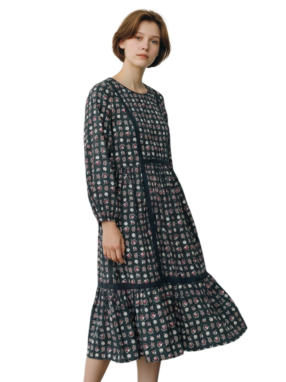 Boden Navy Blue Dress SZ 12 Floral Knit Loose Fit 3/4 Sleeves Bohemian Peasant